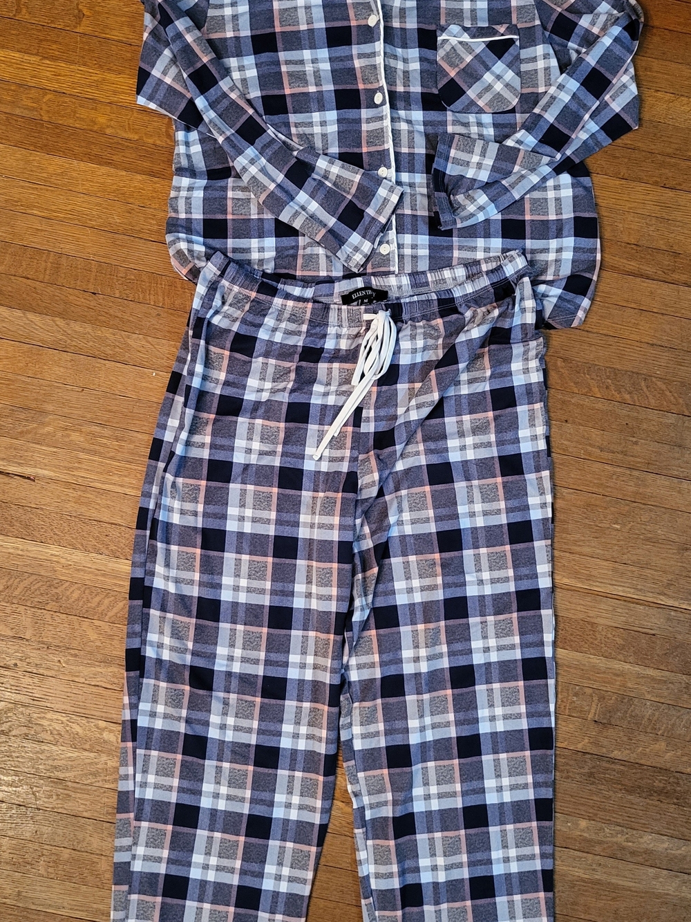 Ellen Tracy Navy, Light Blue & Pink Plaid Cotton Pajama Set